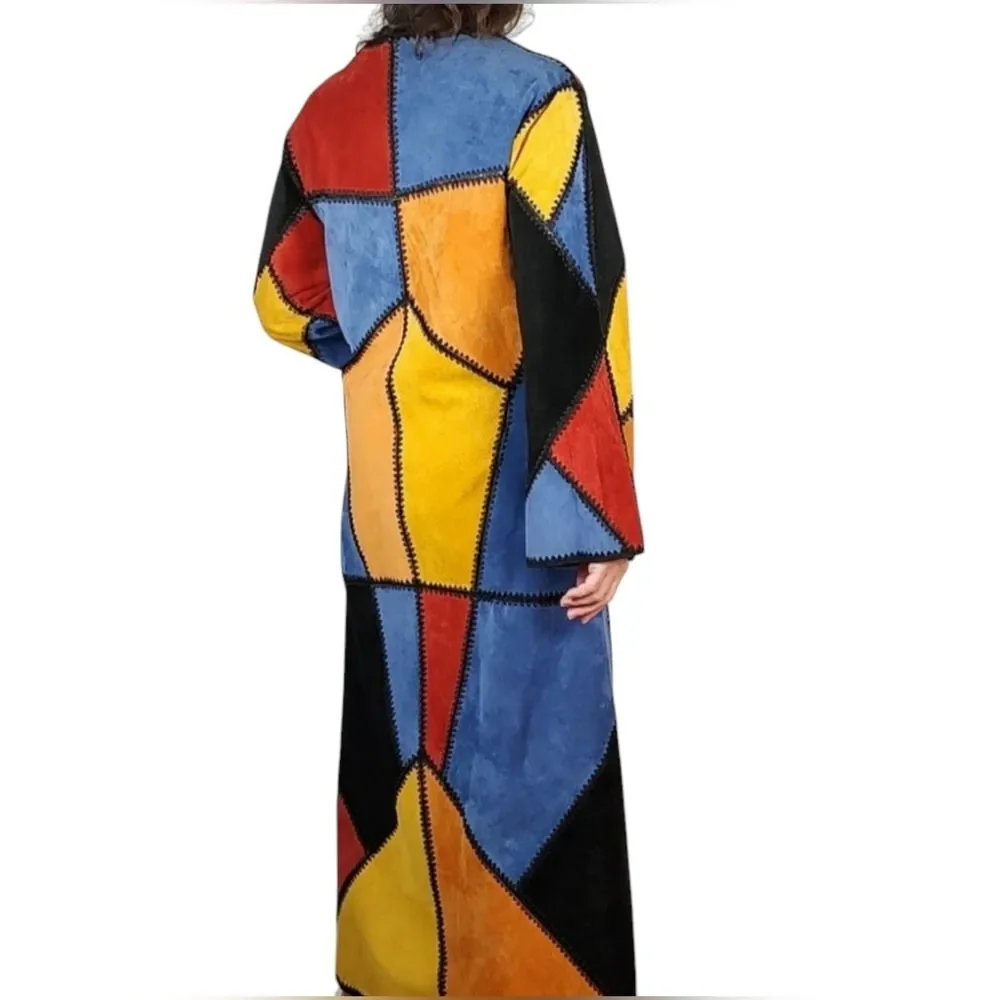 🔥HP Adrienne Landau Dyed Pig Suede Long Patchwork Colorblock Duster Jacket - Picture 2 of 13